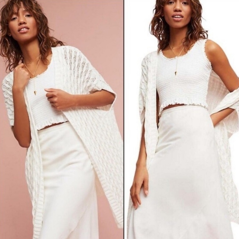 Anthropologie Mo Vint White Cable Knit Sweater Duster Like New